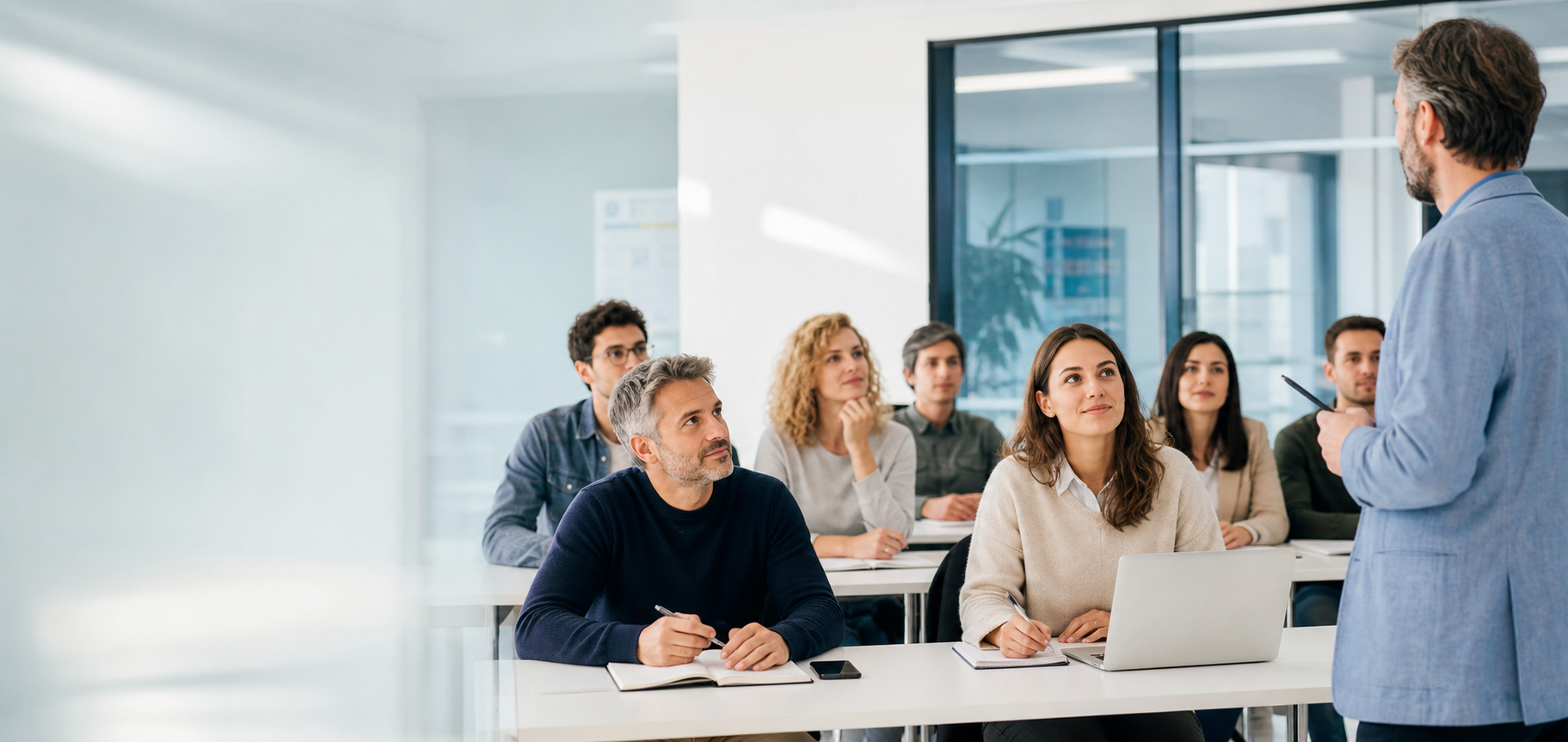 Aula moderna con adulti in formazione e docente